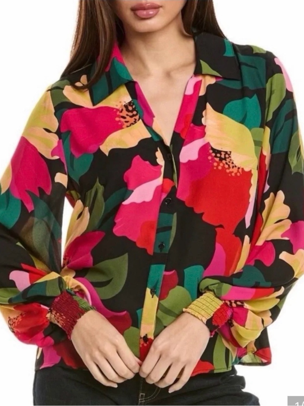CAbi Floral Button-Front Blouse in Black, Pink, Yellow, Green ptp 24 length 26